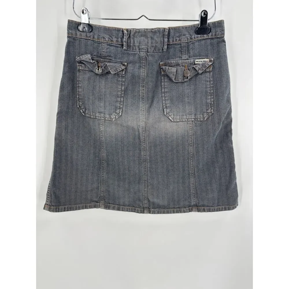 Vintage American Eagle Skirt Womens 8 Gray Blue Denim Jean Stripe Y2K 90s Pocket